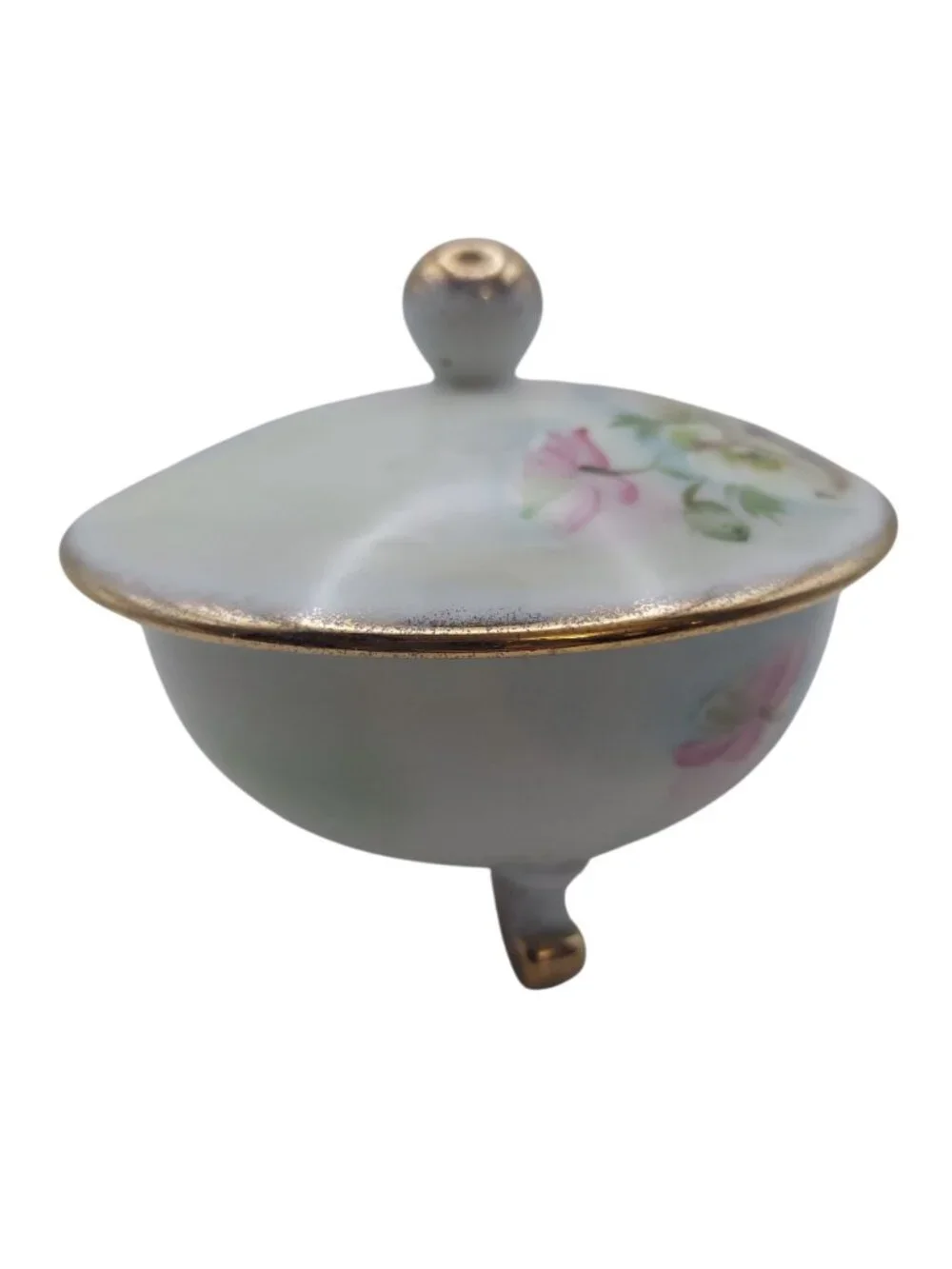 Lefton Covered Vanity Dish Footed Hand Painted Floral Porcelain Trinket Vintage